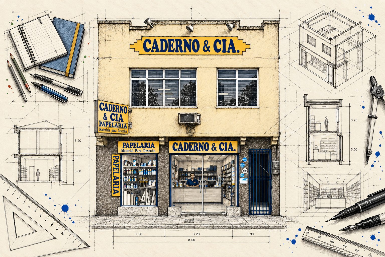 Fachada central da Caderno & Cia desenhada em nanquim sobre papel, rodeada por plantas baixas, cortes arquitetônicos e respingos azuis discretos.